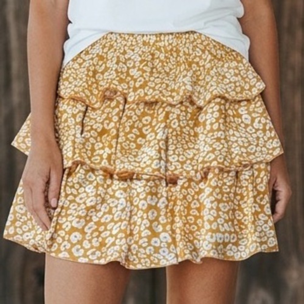 Hyfve Mustard Yellow Leopard Tiered Ruffle Mini Skirt Smocked Waist